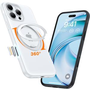 TORRAS 360 Magnetic Stand for iPhone 16 Pro Max Case[Fit for MagSafe][Camera Control Button][Mil-Grade Protection] Slim, Rotatable Kickstand, Translucent Glacier White 6.9", Ostand OFitness Series