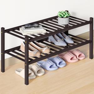 Smiry Bamboo Shoe Rack for Closet, 2 Tier Wooden Stackable Shoe Organizer, Free Standing Shoes Storage Shelf for Entryway, Front Door Entrance, Brown