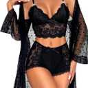 RSLOVE Women Sexy Lingerie Set - 3 Piece Lace Bra and Panty Sets with Mesh Kimono Robe Nightgown Sleepwear (XX-Large, Black)