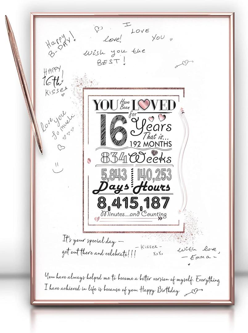 Framed Rose Gold Sweet 16 Birthday Decorations for Girl 12"X16" With Pen & Wall Hanger, 16th birthday decorations Party Favor Sign Poster, Guest Book Alternative, Great Sweet 16 Gifts for Girls