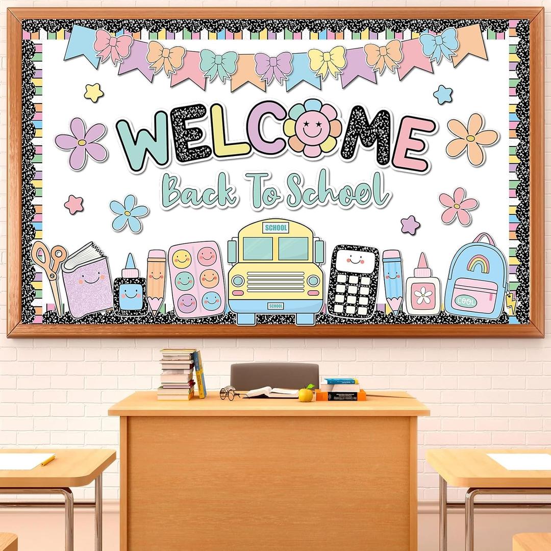 Composition Notebook Bulletin Board Welcome Back to School Classroom Decorations Pastel Colorful Composition Notebook Stationery Paper Cutout First Day of School for Classroom