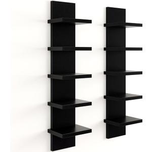 Fun Memories 5 Tier Wall Shelf Unit, Decorative Wall Mount Vertical Shelving, Floating Storage Home Decor Organizer Tall Tower Design Utility Shelving Bedroom Living Room, Black , 2Pack