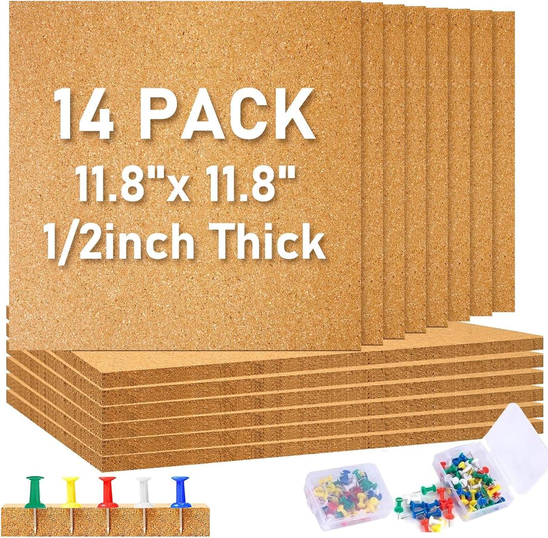 14 Pack Square Cork Bulletin Board Tiles,12 x 12 in Cork Board Tiles 1/2" Thick with 200 PCS Push Pins,Self-Adhesive Cork Sheet for Wall for Home Office Decor,School Message&Display Boards