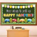 Justforjoyful Camping Bulletin Board Decoration Set Summer Camping Tents Cut Outs Happy Camper Trim Border Vintage Trailer Classroom Decor for Woodland Party School Chalkboard Wall Nursery Decor, 35.43 x 59.06 inches