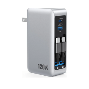 120W USB C Charger Block with 2 Built-in Retractable Cables,4-in-1 GaN IV Foldable Plug Wall Charger Fast Charging Station,PD 65W Laptop Adapter for MacBook/iPad,iPhone 17/16/15/14,Galaxy,Android etc