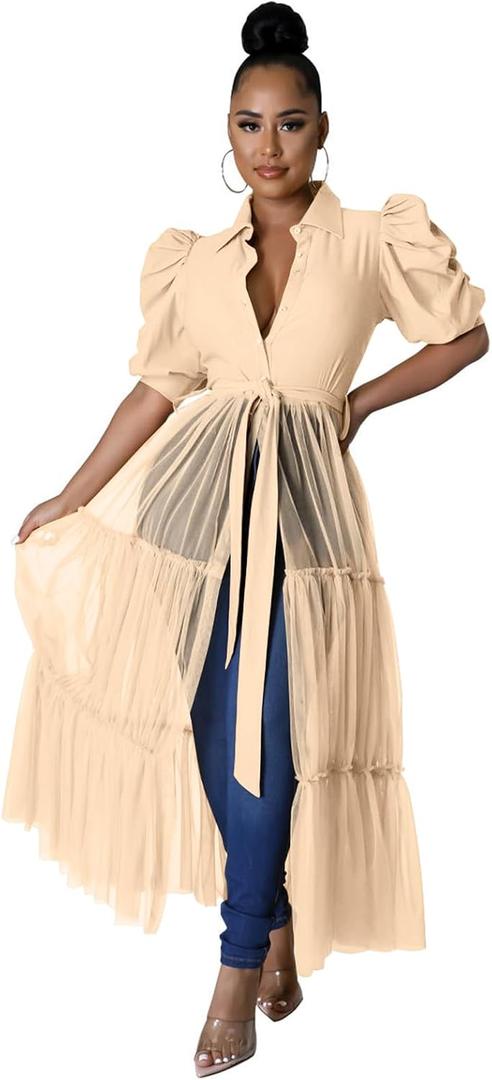 Ekaliy Women Sexy Short Sleeve Bodycon High Low Asymmetrical Ruffle Tunics Blouse Shirt Top Dress XL Apricot