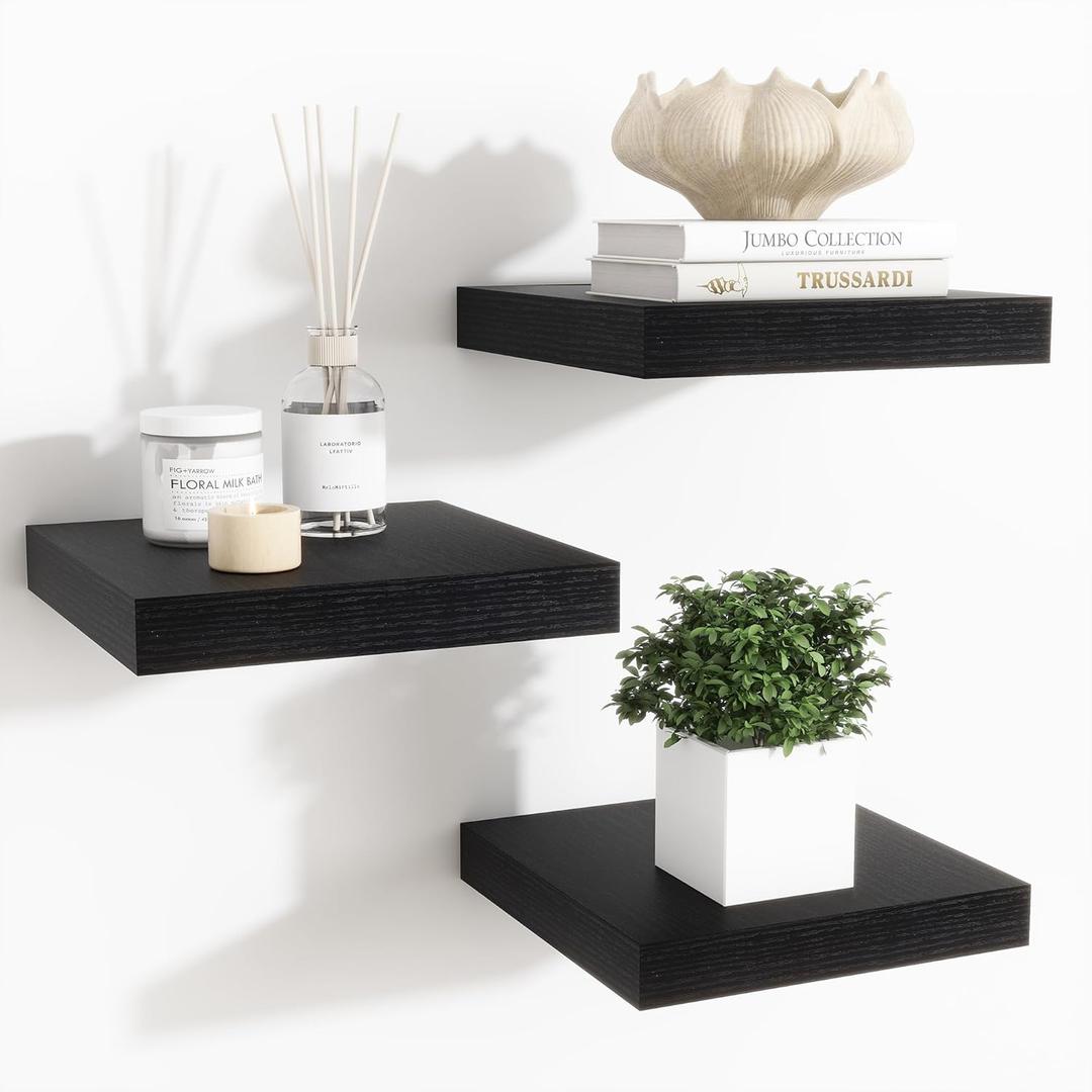 Fun Memories Floating Shelves for Wall - 7.5 Inch Square Shelves with Invisible Brackets, Black Small Wall Shelf for Living Room, Bathroom, Bedroom, and Kitchen DecorBlack Set of 3