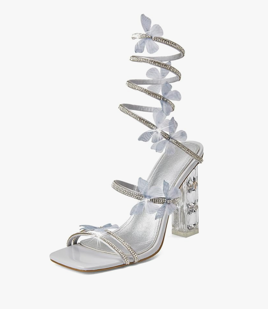 Womens Lace Up Sandals Square Open Toe Chunky High Heels Rhinestone Strappy High Block Heel Sandals Sparkly Dress Party Wedding Shoes, Size: 6