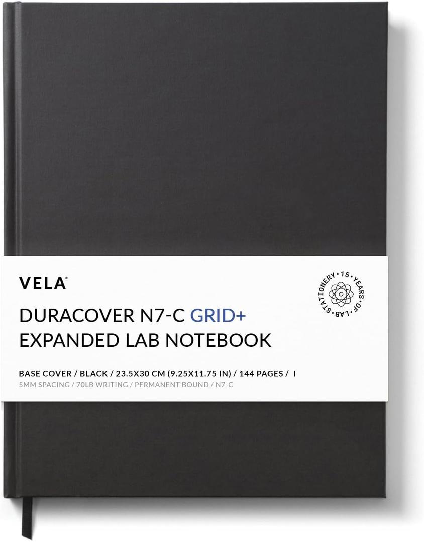 Vela Sciences Advanced N7-C Expanded DuraCover Lab Notebook, 9.25 x 11.75 in (23.5 x 30 cm), 144 Pages, Gray Saturated Weave, Permanent Bound, 70lb Heavyweight Paper (1-Pack, Grid+)