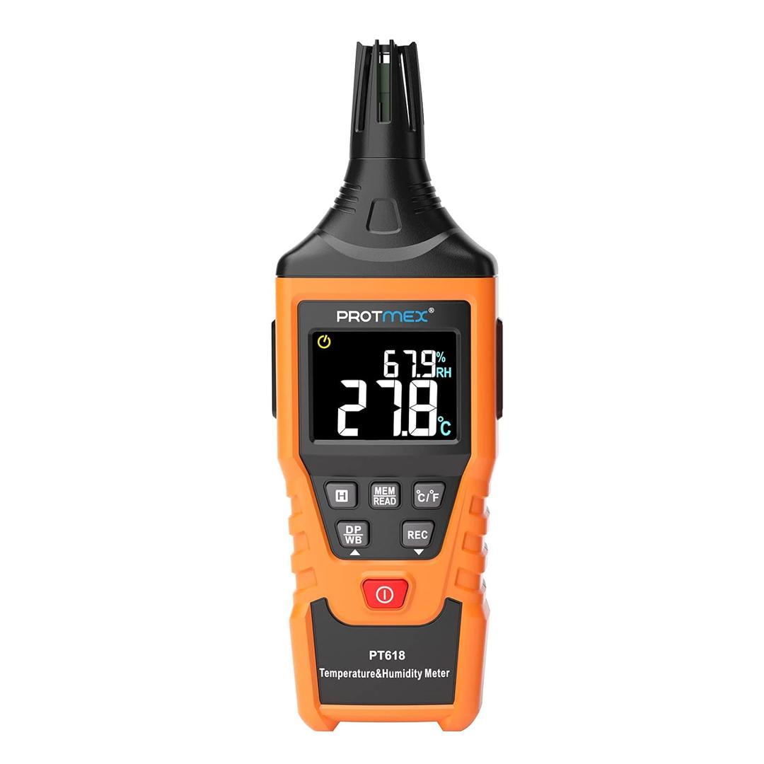 PT618 Temperature Humidity Meter, Thermometer Hygrometer Monitor with Ambient, Dew Point, Wet Bulb for Indoor/Outdoor MIN, MAX, Data Hold, LCD Backlight
