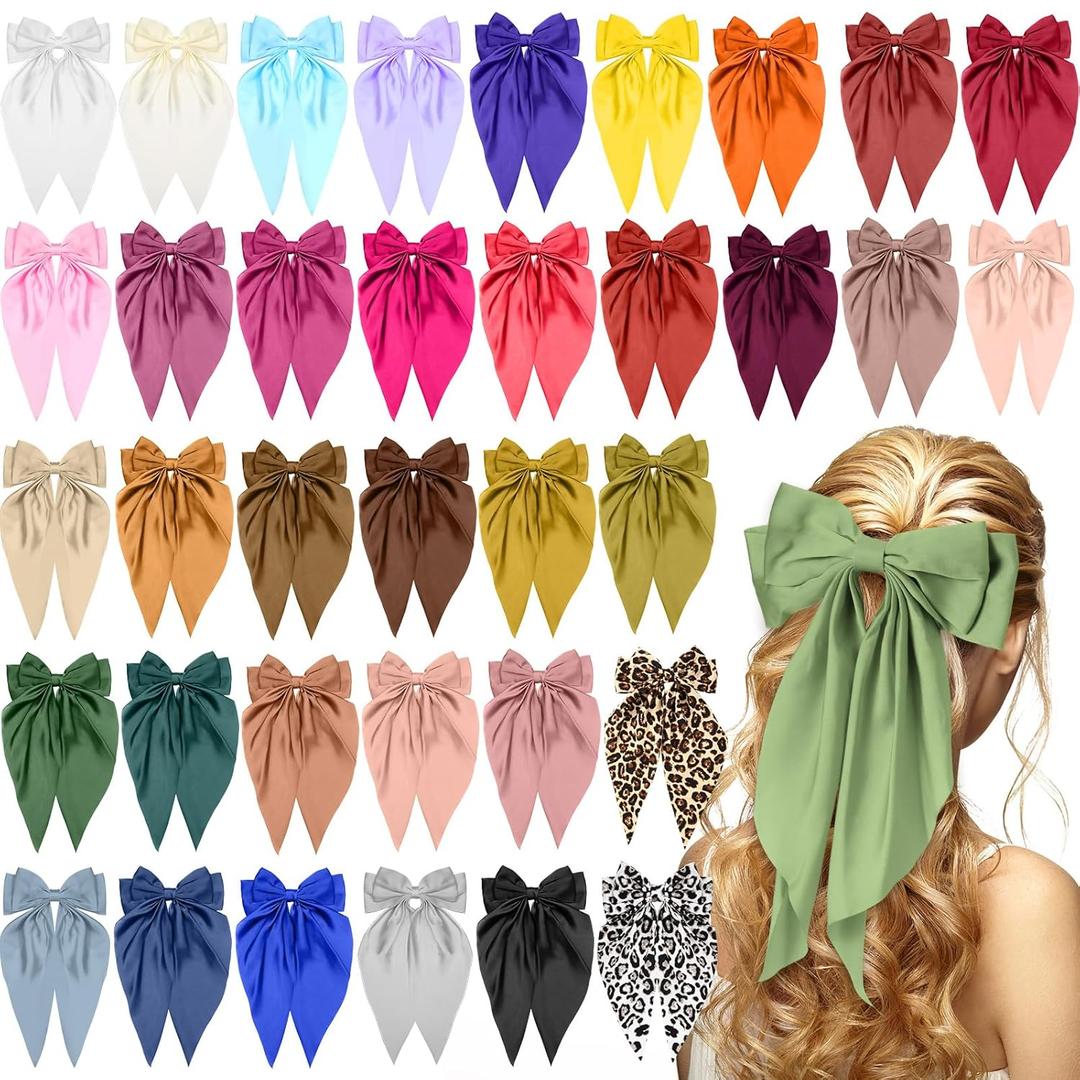 Mimorou 36 Pcs Big Hair Bows for Women Silky Satin Hair Bows Bulk Oversized Long Tail Black White Hair Bow Large Hair Ribbons Hair Clips Barrettes Bow Knot Hair Accessories Gift