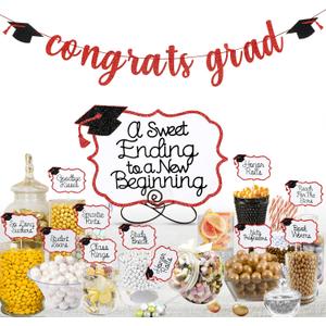 4 x Red 2026 Graduation Candy Bar Signs Graduation Table Candy Buffet Labels for 2026 Graduation Dessert Food Label Table Party Decorations Red