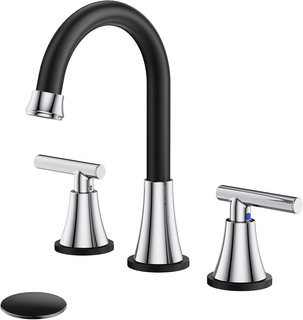 Bathroom Faucets for Sink 3 Hole, Hurran Black& Chrome Bathroom Sink Faucet with Pop-up Drain and Supply Lines, Stainless Steel Lead-Free Widespread Faucet for Vanity RV Farmhouse Sink (8 Inch)