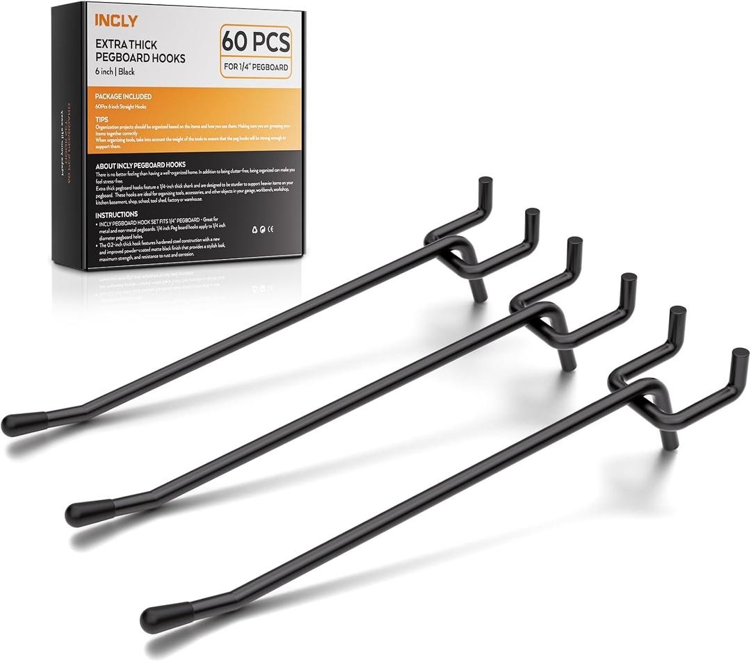 INCLY 60 Pack 6 Inch Black Pegboard Hooks, 1/4" Heavy Duty Peg Board Shelving Hooks Accessories, Peg Board Tool Hangers Only Fit 1/4" Pegboard Hanging Tools Garage, Craft Organizing, Kitchen, Store