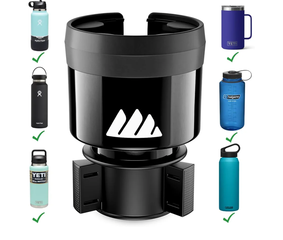 Integral Hydro Expander - Car Cup Holder Expander Organizer with Adjustable Base - Rubber Tabs Hold Most 32 - 40 oz Bottles and Large Cups