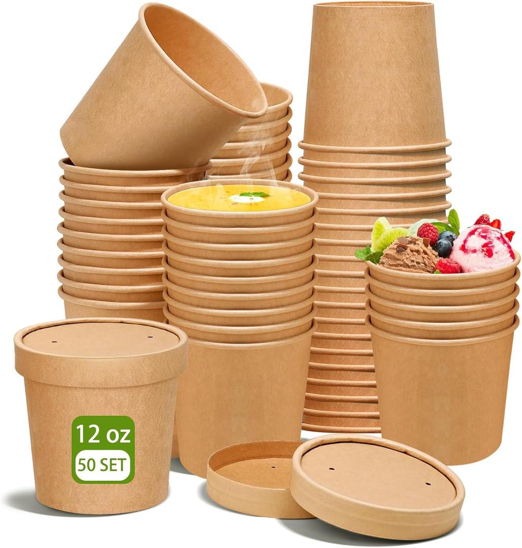 DI QIU REN 50 Pack 12oz Soup Containers with Vented Lids, Disposable Paper Soup Bowls Ice Cream Soup Cups, Microwavable and Freezer Safe for Hot Drinking, Food, Ice Cream (50 Pcs Kraft, 12 oz)