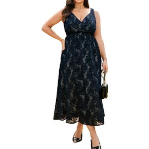 RWJ Women's Plus Size Wedding Guest Dress 2026 Floral Lace Wrap V Neck Sleeveless Formal Cocktail Party Maxi Dresses (Blue, L)