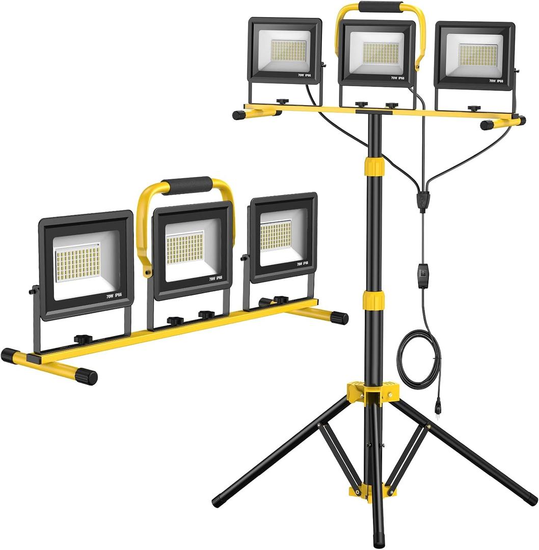 Upgraded LED Work Lights with Stand, 21000 Lumen, 3-Head Adjustable Work Light, Waterproof Foldable Tripod, Extended Cord for Outdoor & Indoor Job Sites, Workshops, Construction, Garage Lighting