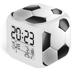 Soccer Ball Alarm Clock for Boys Girls, Soccer-Themed Kids Alarms, Digital Desk Clock, Battery Operated with 7 Color-Changing LED Decor (3.15x3.15x3.15 inch)