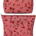 2 Pieces Rose Makeup Bag Large Cosmetic Bag Capacity Canvas Mix Travel Toiletry Bag Organizer Cute Makeup Brushes Aesthetic Accessories Storage Bag for Women, Rose Mix Green Red
