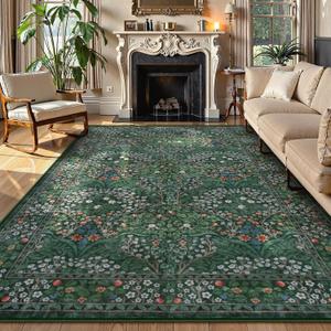 Lahome Living Room Rugs 8x10, Soft Green Washable Area Rug for Bedroom, Boho Non-Slip Floral Forest Large Carpet for Dining Room Office Giverny, Dark Green