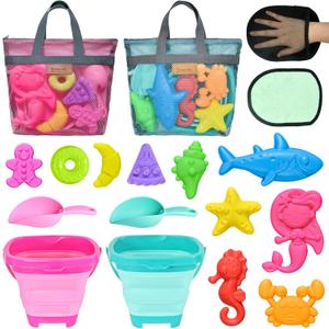 Collapsible Beach Sand Toys for Kids - Travel Beach Toys with 2 Collapsible Beach Buckets, Mesh Bags, Animal Sand Molds, Sand Bucket Shovel Set Sandbox Toy for Toddlers Kids