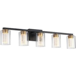 5-Light Black Bathroom Light Fixture, Dimmable 5CCT Black and Gold Bathroom Vanity Lights, 2700K-6500K Modern Crystal Bubble LED Wall Sconce Over Mirror with Clear Glass