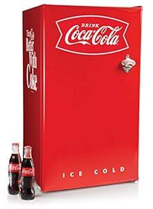 Nostalgia Coca-Cola Refrigerator with Freezer, 3.2 Cu. Ft., Adjustable Temperature Cools as Low as 32 Degrees, Bottle Opener, Ice Cube Tray, Scraper Included, Red