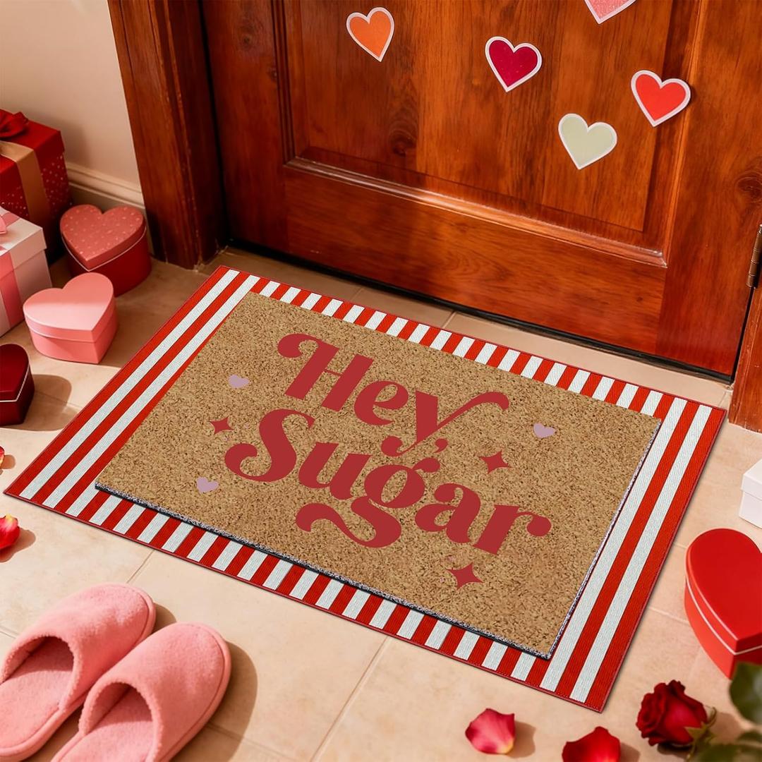 2 Pcs Hey Sugar Door Mat, Valentine Door Mat Valentines Day Welcome Mat Non Slip Coir Doormat Red and White Striped Mat Layering Doormats for Home Bathroom Front Porch Entryway Decor 24"x 32"