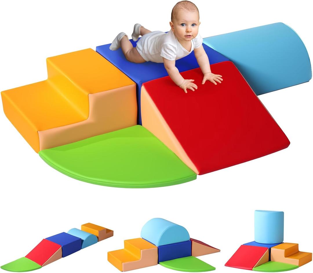 5-Piece Soft Foam Baby Climbing Blocks, PU Leather Climbing Toys for Toddlers Indoor, Waterproof Foam Play Gym Climber Structures for Toddler 1-3, Indoor Climb and Crawl Activity Play Set