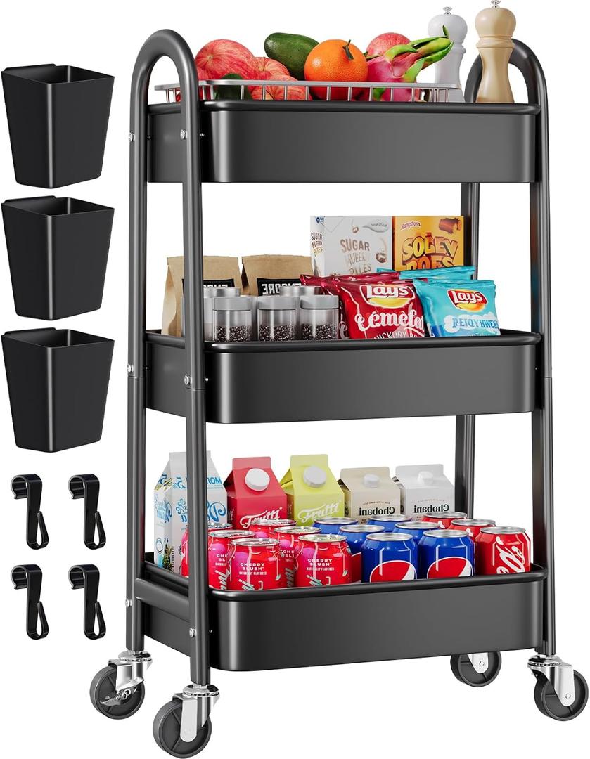 3 Tier Black Rolling Cart Metal with Wheels, Basket, Cups & Hooks, Three Tier Utility Carts on Wheels, Can Organizer for Pantry Floor, Kitchen Storage Rack, Snack Shelf Carts, Vianderos para Cocina