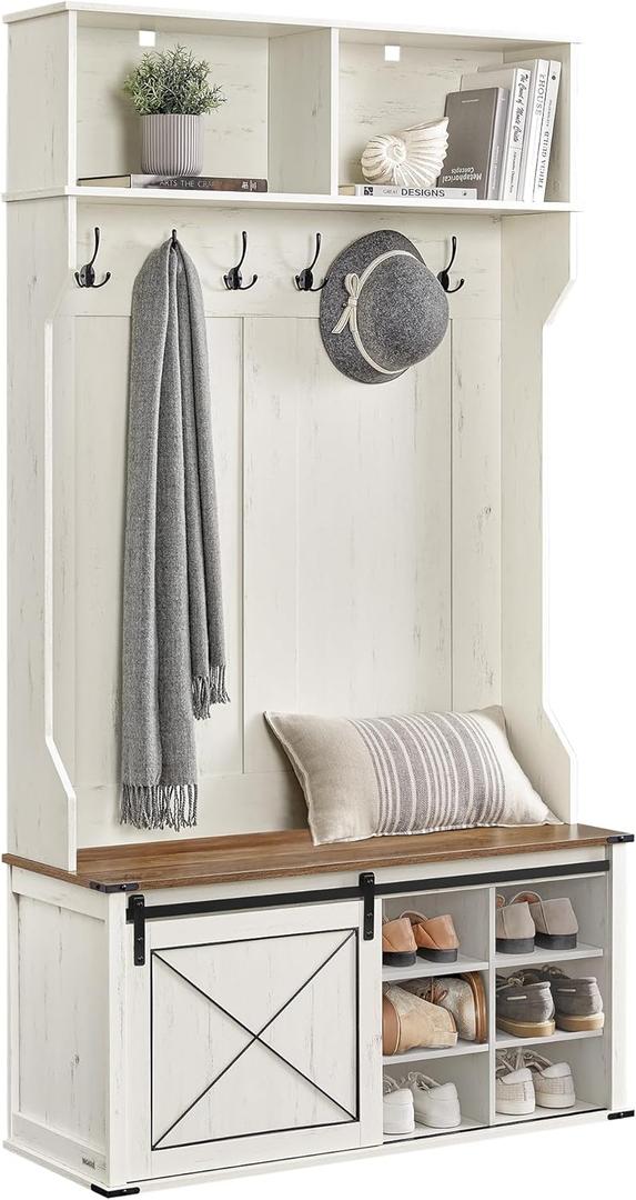 VASAGLE Hall Tree with Bench and Shoe Storage, Coat Rack with Shoe Bench, Entryway Furniture, 6 Tri-Hooks, Sliding Door, Farmfouse Style, Space Saving, Rustic White and Honey Brown UHSR442W01 (15.7"D x 41.7"W x 78.7"H)