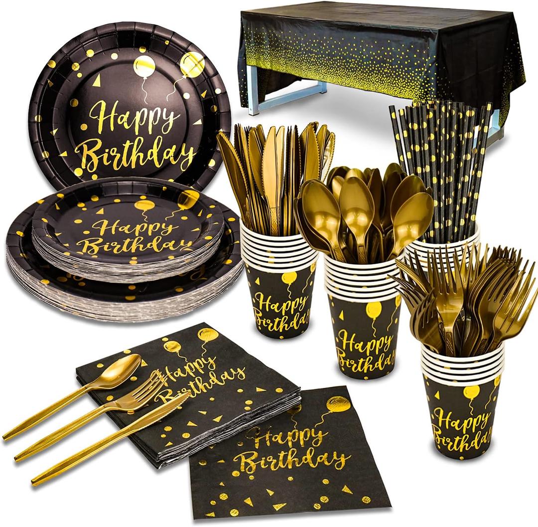 Disposable Party Dinnerware Set &Disposable Birthday Party Dinnerware Paper Plates Napkins Cups, Gold Plastic Forks Knives Spoons (Black/Gold)