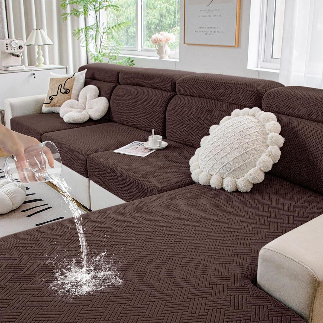 hyha Waterproof Couch Cushion Covers for Sectional Sofa, Magic Sectional Sofa Couch Cushion Covers L Shape Washable, Waterproof Chaise Lounge Seat Slipcover with Elastic Bottom(Chaise, Chocolate)