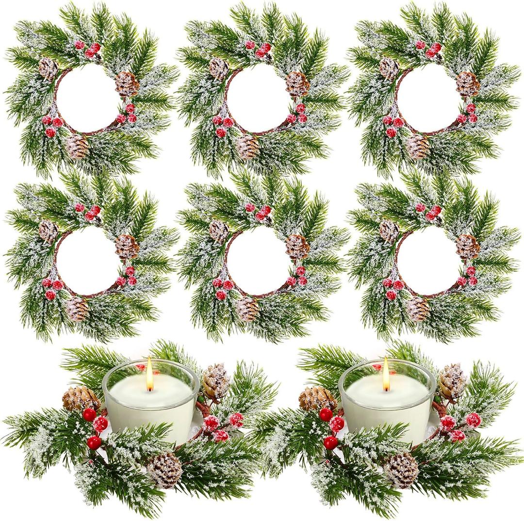 Hotop 8 Pcs Mini Christmas Wreaths for Kitchen Cabinet Small Christmas Candle Rings Wreaths Pillars Candle Rings Table Centerpieces Hanging Garlands for Front Door Window Decor