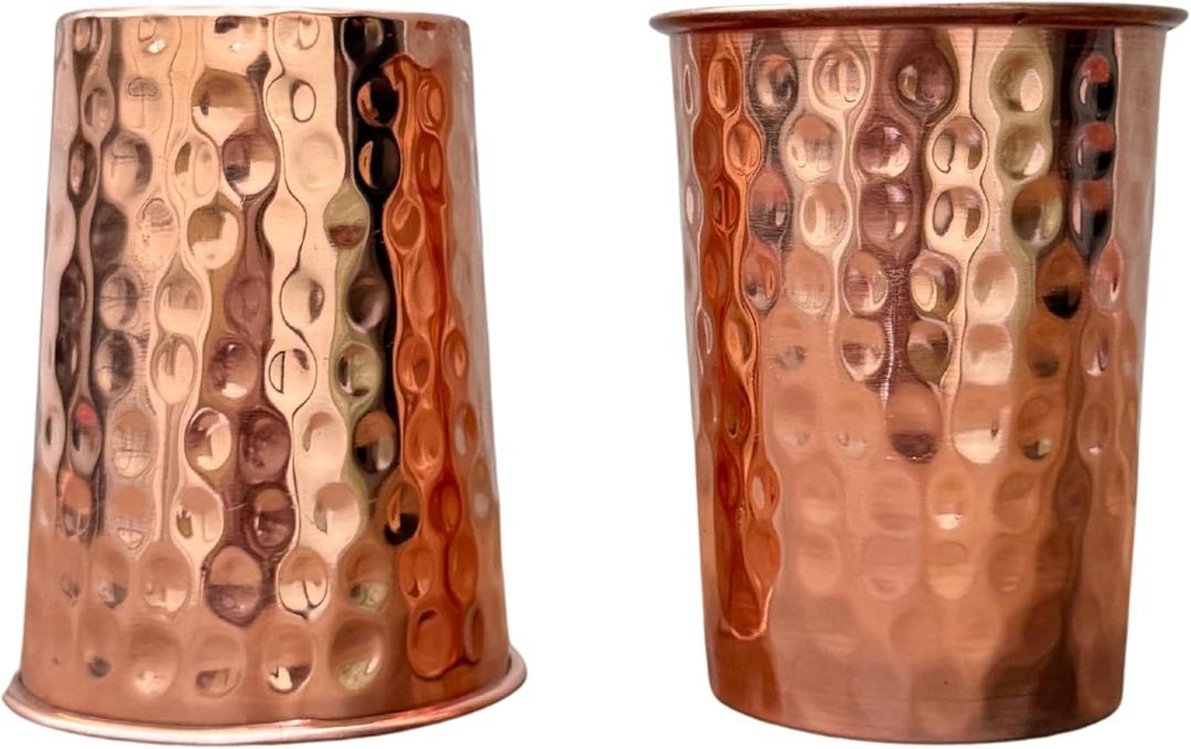 Set of 2 Hammered Pure Copper Cups For Drinking Water Glasses Tumblers Copper Glass for Ayurveda Health Benefits, UNCOATED and LACQUER Free