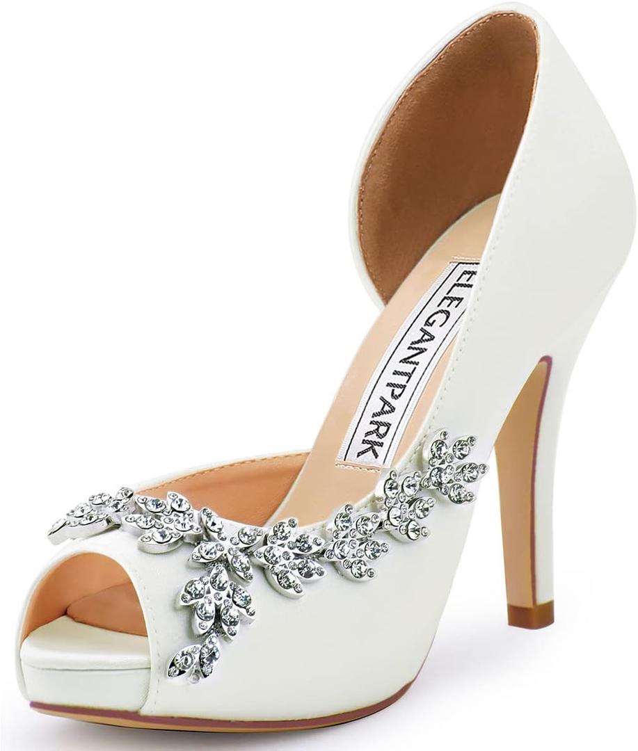 ELEGANTPARK Wedding Shoes for Bride High Heel Platform Bridal Shoes Rhinestones Wedding Heels for Women Pumps Satin Evening Party Prom Dress Pumps (9, Ivory)