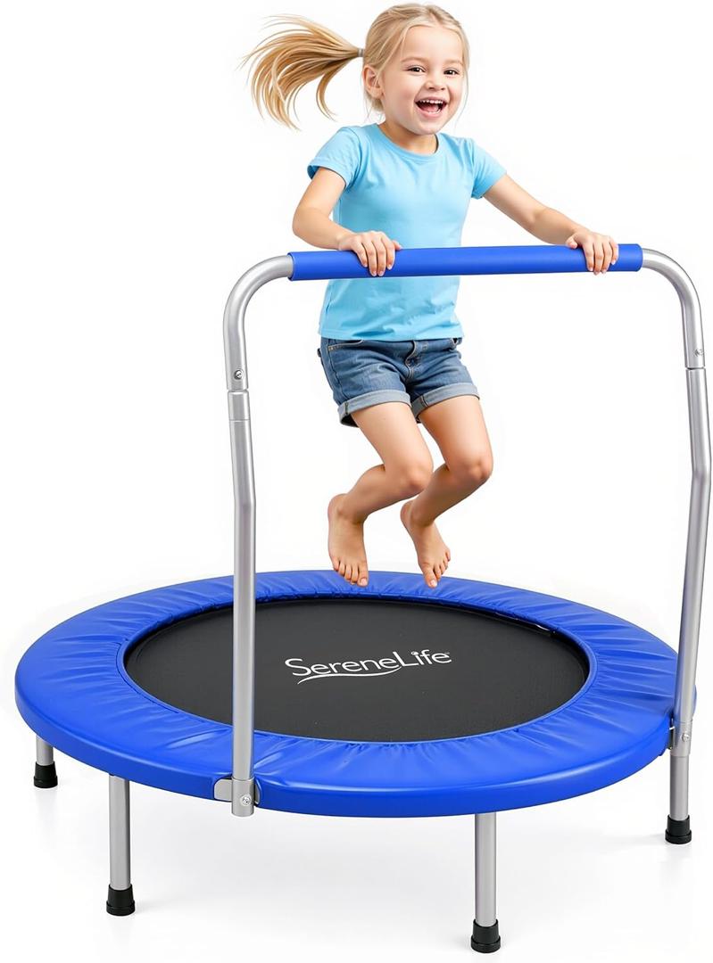 SereneLife 36″ Foldable Mini Trampoline for Kids - Compact Fitness Rebounder with Foam Handle - Safe, Stable Exercise Trampoline with 330lbs Max Load for Indoor/Outdoor Active Play & Exercise