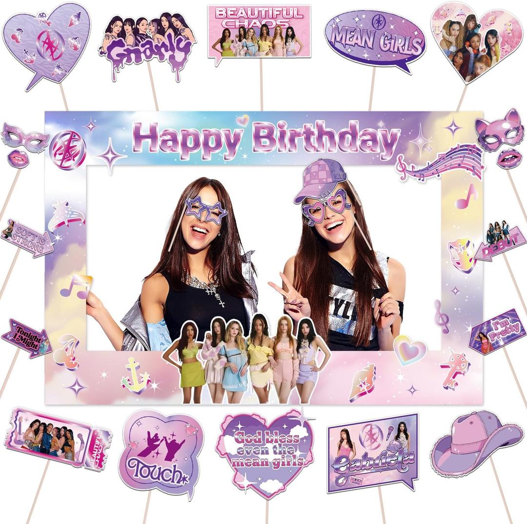 22Pcs Birthday Party Decorations Photo Booth Props Set 23.6x15.7in Photo Booth Frame with 21 Pcs Props Y2K Pink Purple Music Themed Party Props Kit for Birthday Decor Supplies