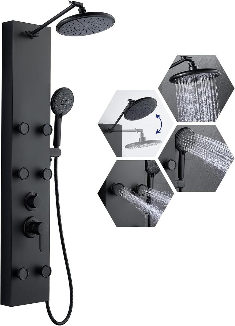 ROVATE Shower Panel Tower System with Adjustable 6 Body Jets, Matte Black
Stainless Steel Shower Column with Height Adjustable Shower Arm, Self-Cleaning Rainfall Shower & Handheld, Rough-in Valve