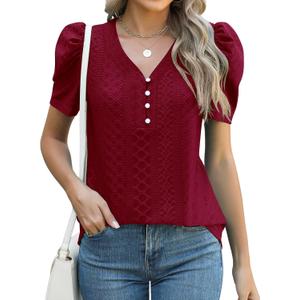 LOMON Womens Puff Short Sleeve Shirt Summer Tops V Neck Casual T Shirts Loose Fit Blouses (Red, S)