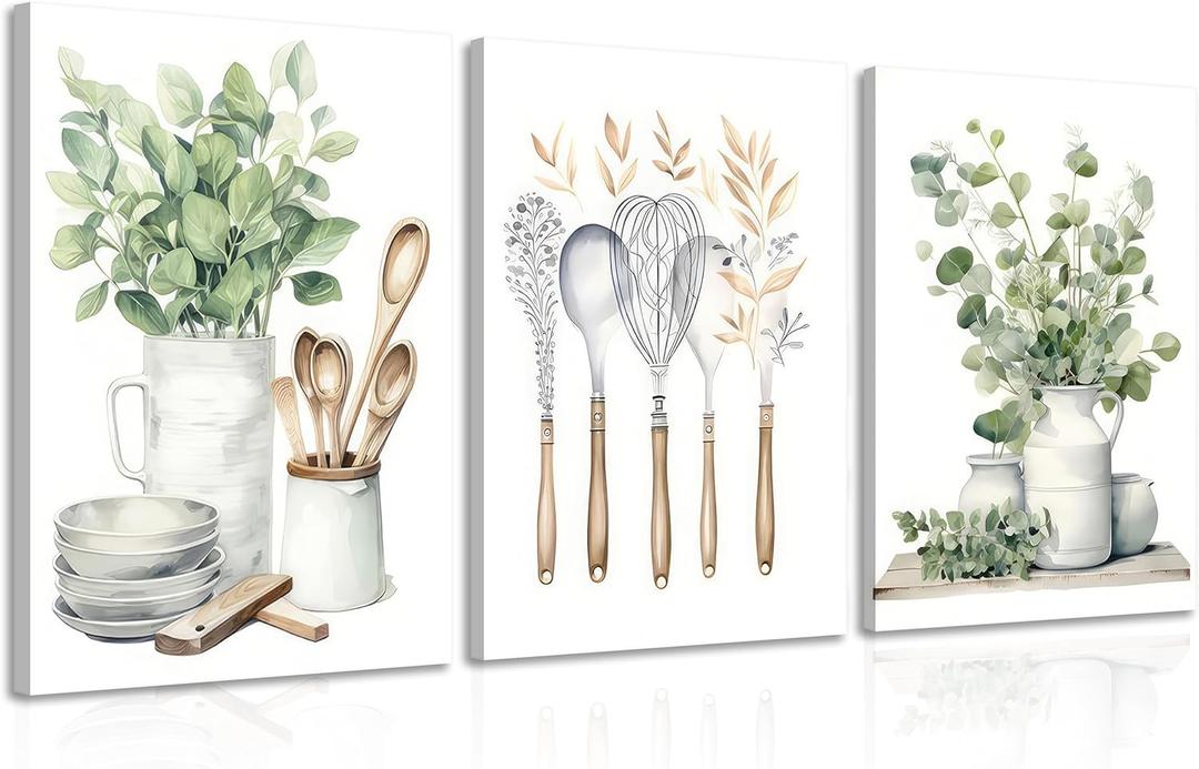 Boho Farmhouse Kitchen Canvas Wall Art Sage Green Plants Painting Pictures Dining Room Wall Decor Eucalyptus Leaves Green Botanical Poster Print Artwork for Farmhouse Kitchen Home Decoration (16x24Inch)