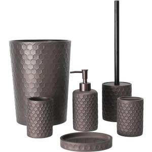 zccz Bathroom Accessory Set - 6 pcs Bronze Bathroom Accessories Set with Trash Can, Toothbrush Holder, Toothbrush Cup, Soap Dispenser, Soap Dish, Toilet Brush with Holder - Accessoire Salle de Bain (Warm Gray)