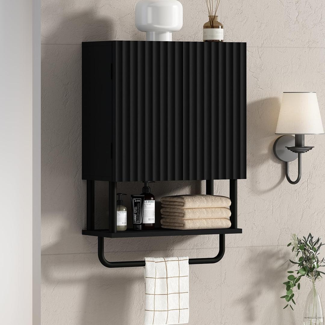 RUSTOWN Fluted Bathroom Wall Cabinet with 2 Doors, 3-Tier Modern Farmhouse Medicine Cabinet, Over The Toilet Storage Cabinet with Adjustable Shelf and Towel Bar (Black, Small)
