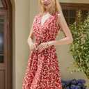 Women's Summer Floral Dress Sleeveless V-Neck Dress with Pockets - Fit and Stylish for Daily Wear (Red, L)