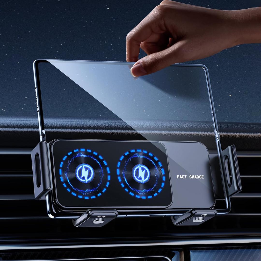 Wireless Car Charger for Samsung Galaxy Z Fold 7 6 5 4 3 2, Rotatable Dual Coils Fast Charging Phone Holder for Pixel 9 Pro Car Mount, Air Vent Cell Phone Mount for Galaxy Z Fold Accessories