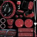 Riakrum 30 Pieces Red Bling Car Accessories Set for Women, Steering Wheel Covers Universal Fit 15 Inch, Seat Belt Cover, Phone Holder Mount, Cup Coaster Kids Women Cute