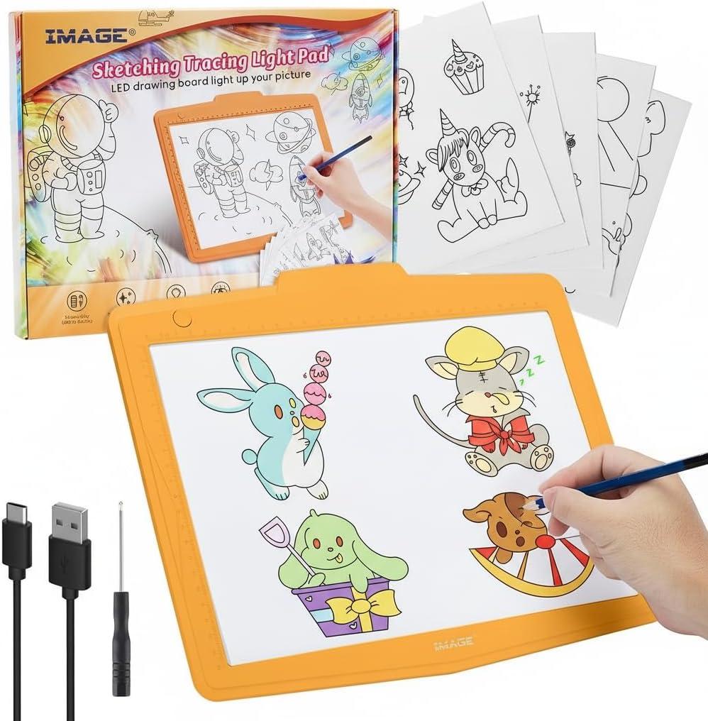 IMAGE A4 LED Tracing Pad for Kids, Rechargeable Light Up Drawing Tablet Board Children Portable Art Christmas Gift for Boys Girls Ages 6+(with 10 Traceable Sheets), Durable & Fun Creative Toy(Orange)