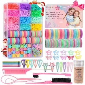 Hair Accessories for Girls, 1350P Colorful Hair Ties Set with 72P Hair Clips, Bobby Pins for Toddlers, Hair Wax Stick, Butterfly Hair Clips, Hair Barrettes with Comb Set&Organizer Box, Chirstmas Gifts