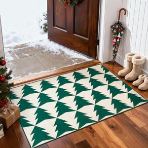 jinchan Christmas Rug 2x3 for Entryway Kitchen Small Green Holiday Rug for Porch Bathroom Christmas Tree Printed Winter Xmas Decor Washable Doormat for Bedroom Non Slip